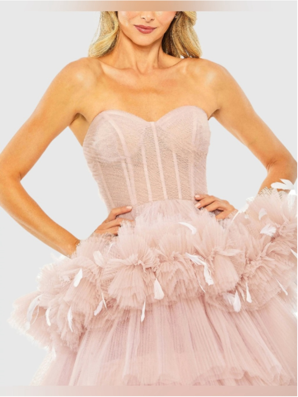 NWT Mac Duggal Strapless Feather-Trim Tiered Tulle Gown - Blush #20572 Size 12 - Picture 2 of 8
